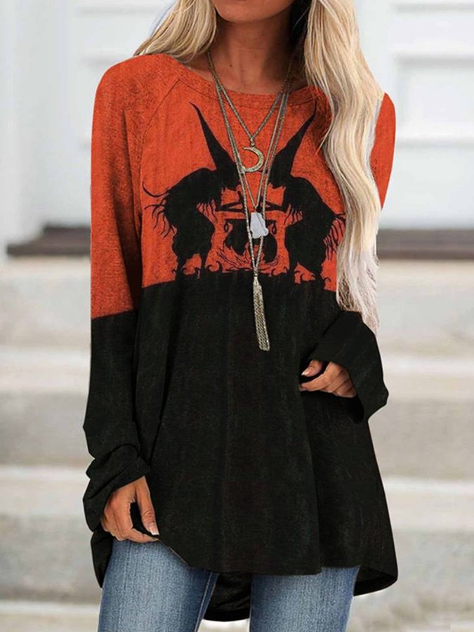Women's Halloween Witch Print Casual Round Neck Long Sleeve T-shirt