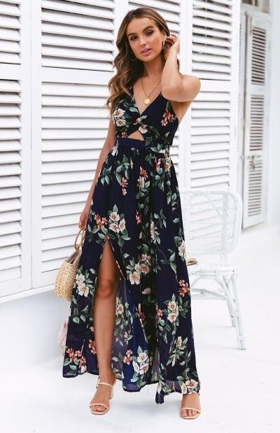 V-Neck Straps Floral Dress