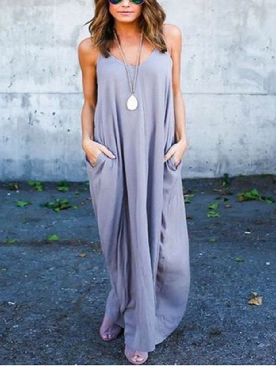 V-Neck Straps Solid Color Dress