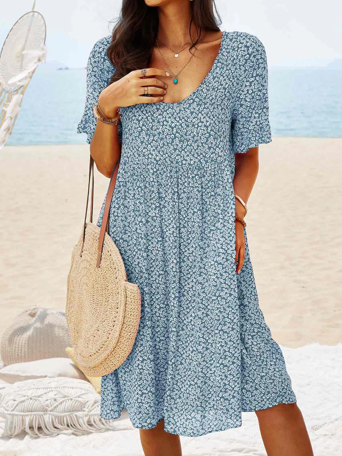 V Neck Floral Beach Vacation Casual Dresses