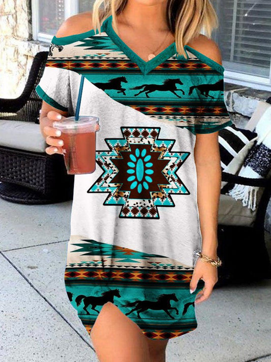 Printed V-Neck Short-Sleeve Dress