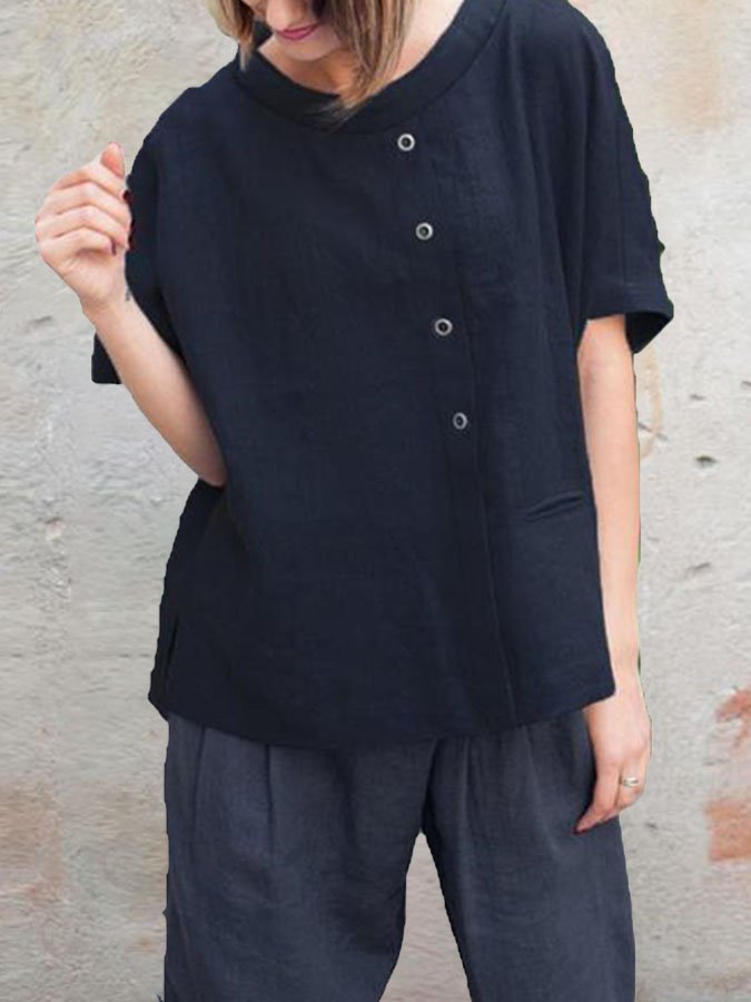 Round Neck Solid Color Cotton And Linen T-Shirt