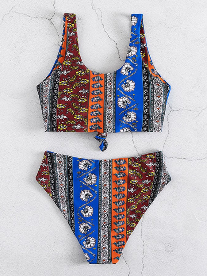 Knitted vintage Bohemian floral split bikini