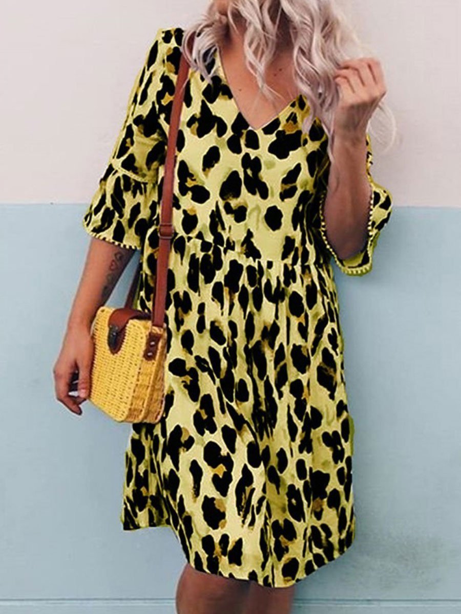 V-neck Leopard Print Loose Dress