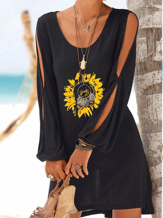 Sunflower Print Round Neck Slit Sleeves Solid Color Shift Dress