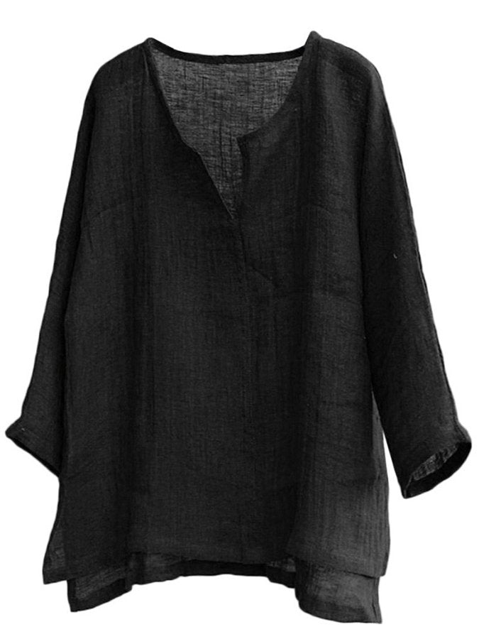 Men's Cotton Linen Loose V-Neck Long Sleeve Shirt