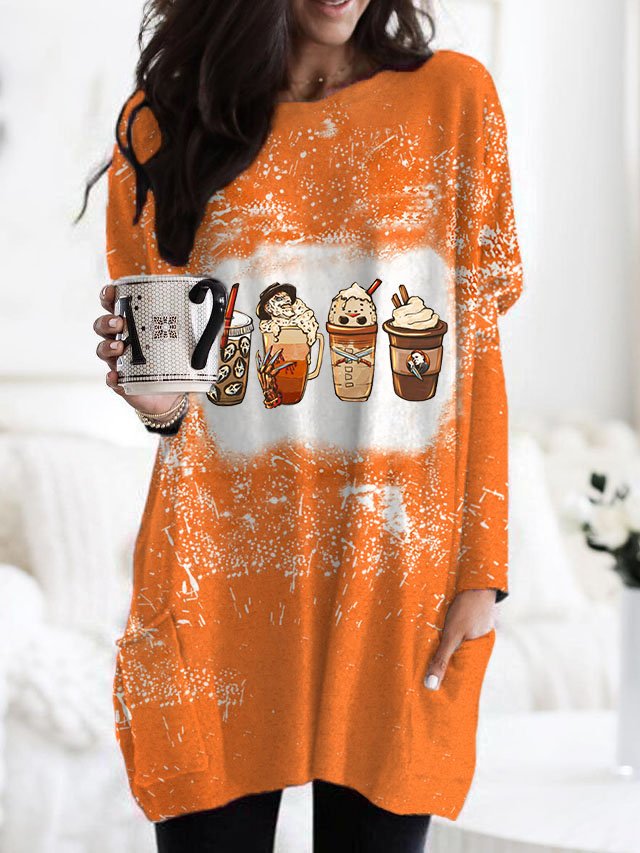 Women&#039;s Halloween Horror Fall Coffee Print Pocket T-Shirt