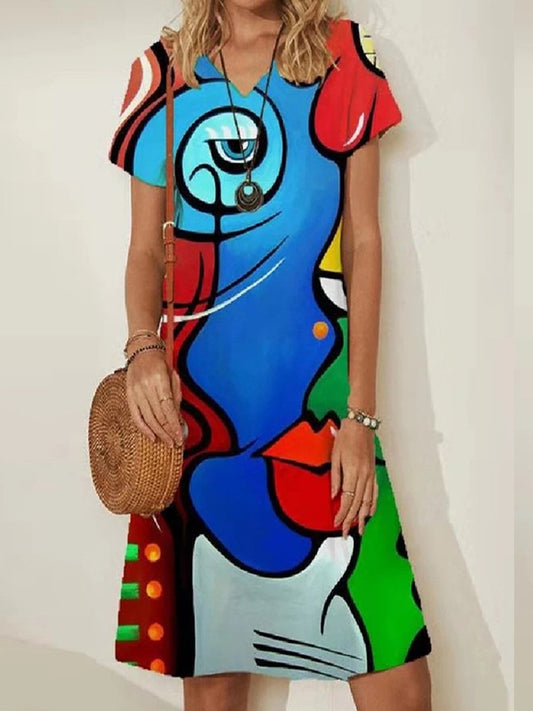 V-Neck Printed Casual Dress