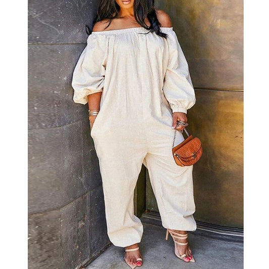 Off Shoulder Solid Lantern Sleeve Jumpsuit