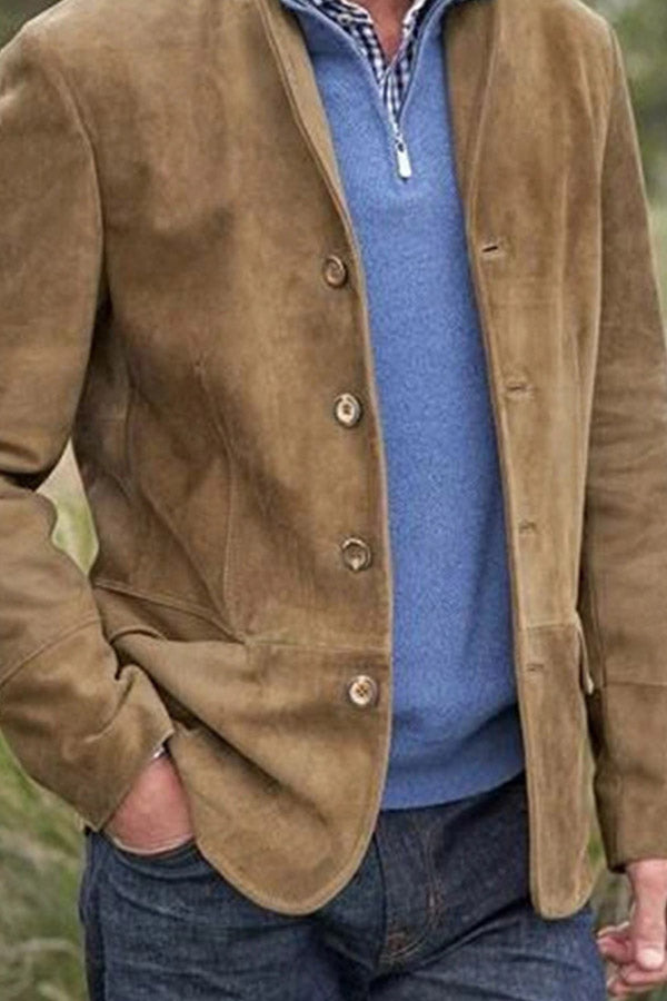 Men's Casual Workwear Vintage Solid Color Long Sleeve Polyester Jacket