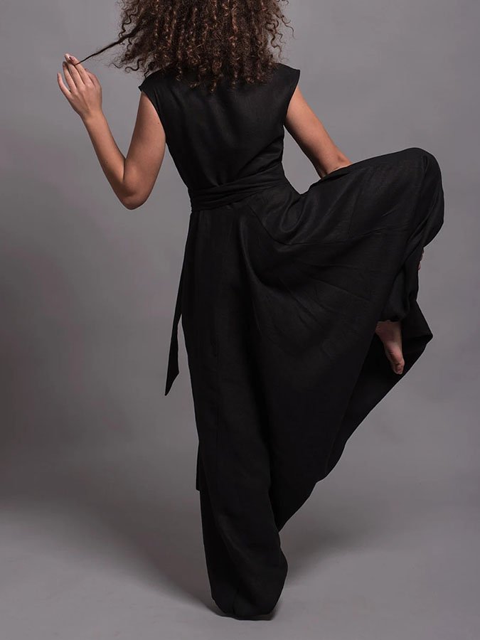 V-Neck Crossover Loose Cotton And Linen Jumpsuit