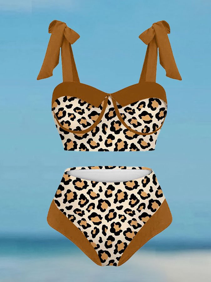 Fashion Leopard Colorblock Print Swimsuit Set