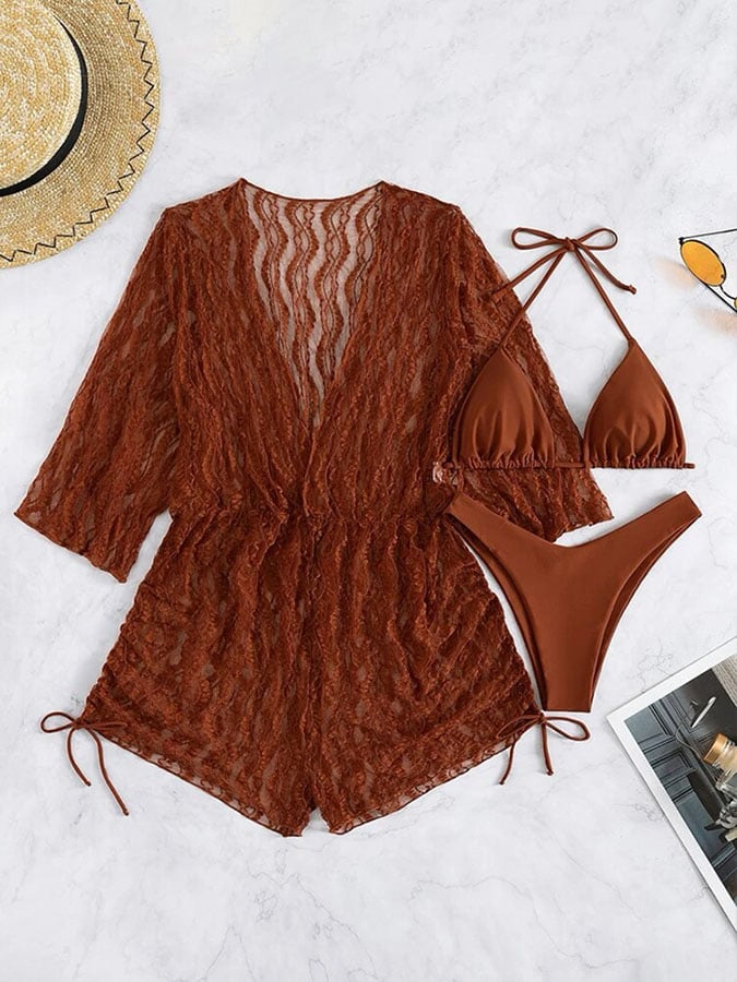 Sexy mesh waist drawstring sunscreen blouse 3-piece bikini