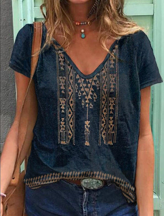 Women's Western Ethnic Print V-neck T-shirt