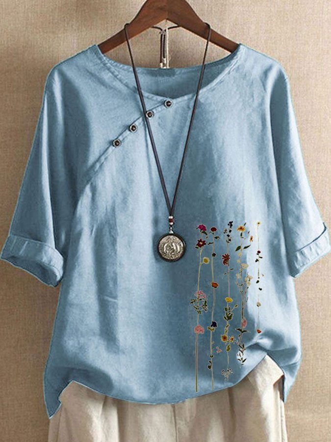 Cotton Linen Button Short Sleeve Top