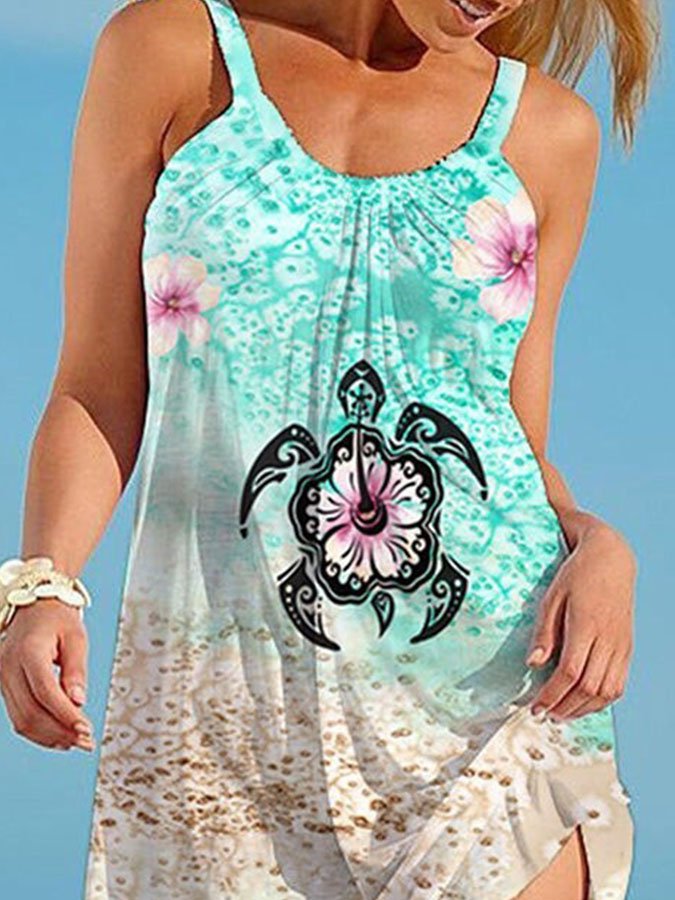 Sea Turtle Print Loose Strap Beach Dress
