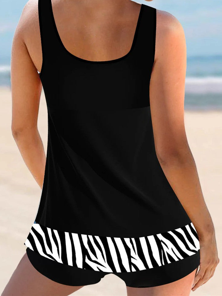 Zebra Print Mesh Stitching Black Tankini Set