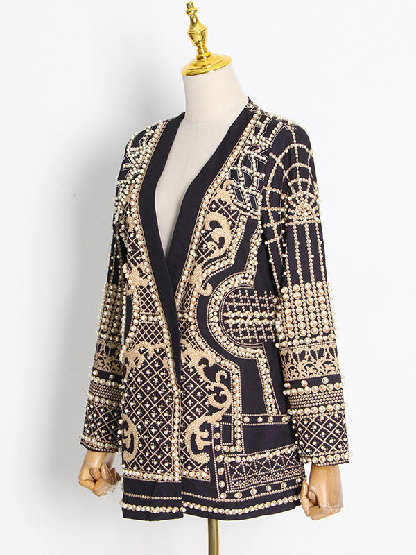 Original Creation Loose Long Sleeves Beads Printed V-Neck Blazer Outerwear