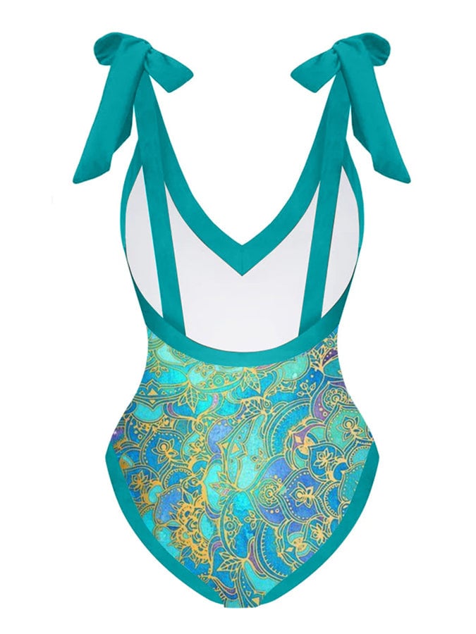 Vintage V-Neck Colorblock Print One-Piece Swimsuit