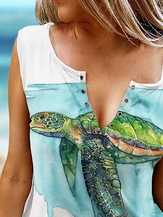 Turtle Print V-Neck Tank Top