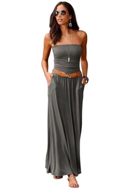 Boho Beach Hut Dress, maxi dress, green dress, black dress, red dress, burgundy dress, tight dress Gray / S Boho Chic Bandeau Off Shoulder Maxi Dress