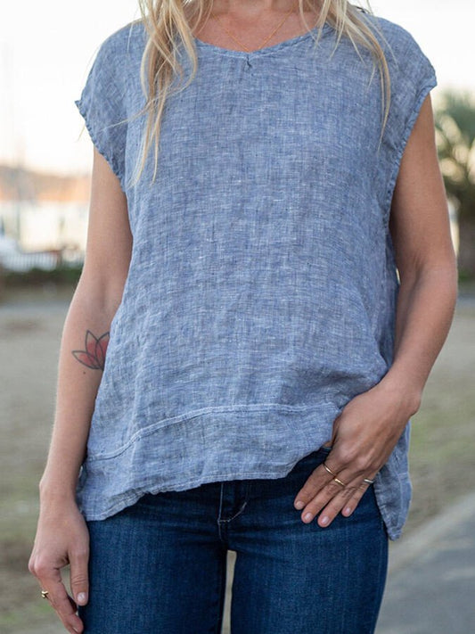 Ladies Cotton Linen Round Neck Sleeveless Simple Tank Top