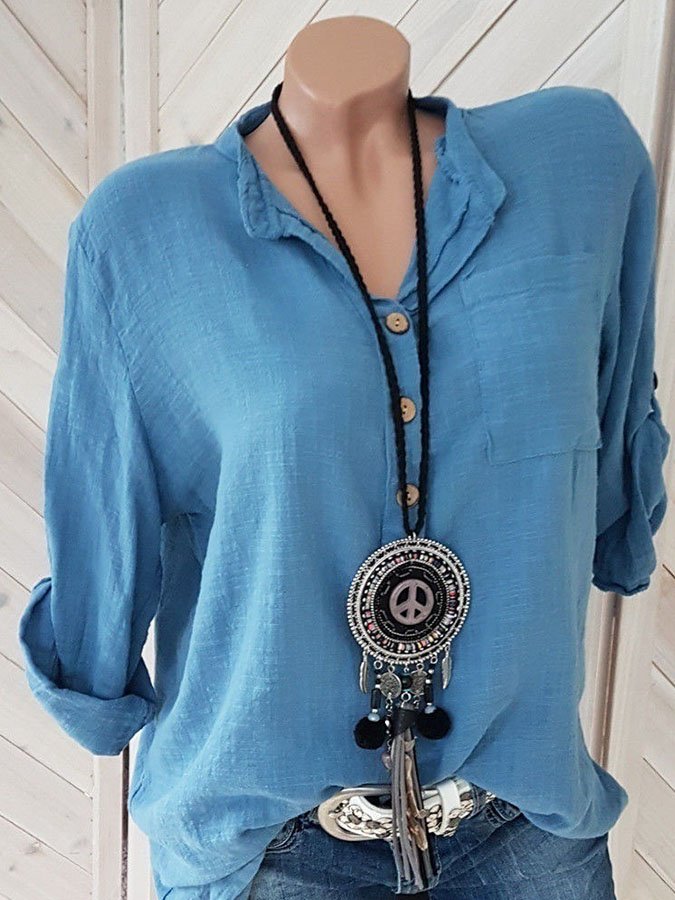 Casual Solid Color Cotton And Linen Tops