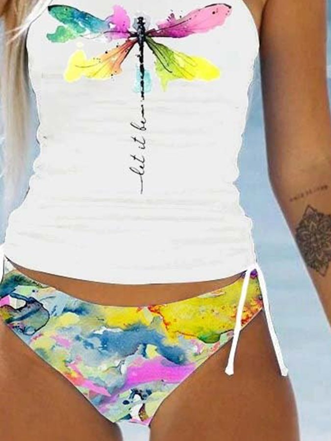 Tie Dye Color Dragonfly Print Bikini Set