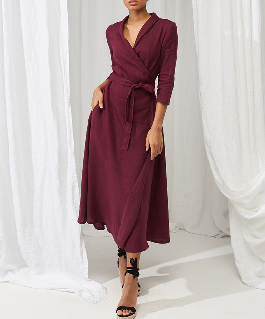 Elegant Linen Lace-Up Midi Dress