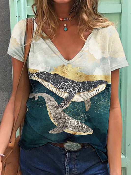 Women's Whale Print V-Neck T-Shirt