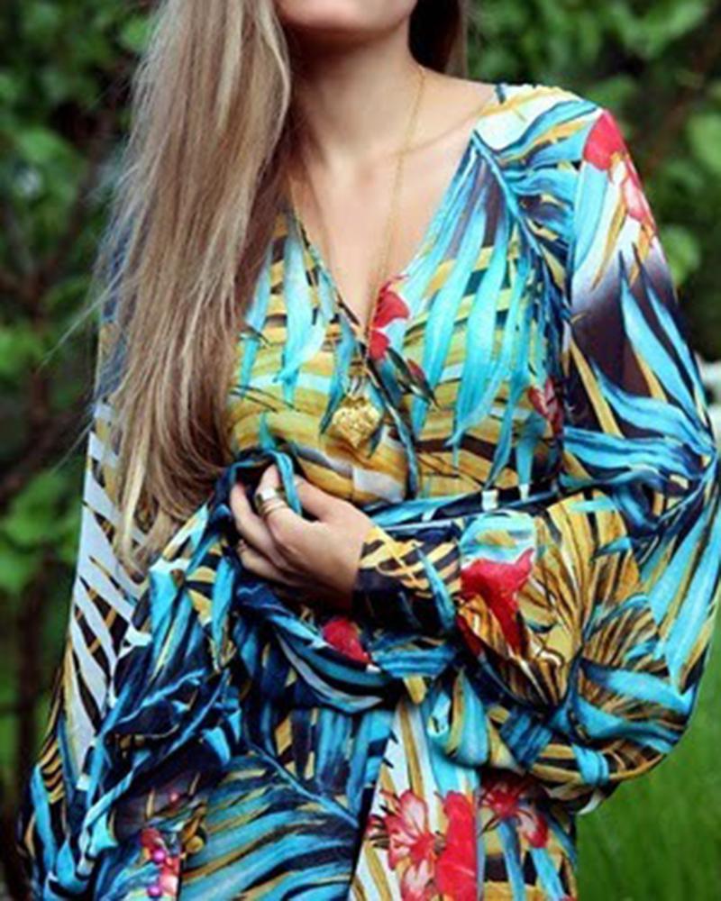 Green Leaf Print Maxi Dress