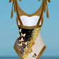 V-Neck Colorblock Butterfly Print One-Piece Swimsuit Set