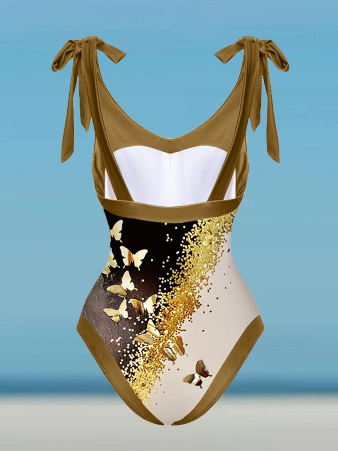 V-Neck Colorblock Butterfly Print One-Piece Swimsuit Set