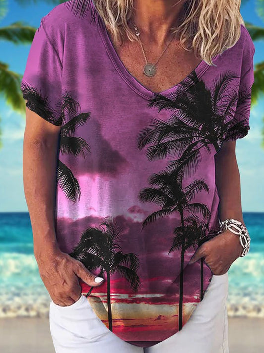 V-Neck Palm Tree Print Short Sleeve T-Shirt