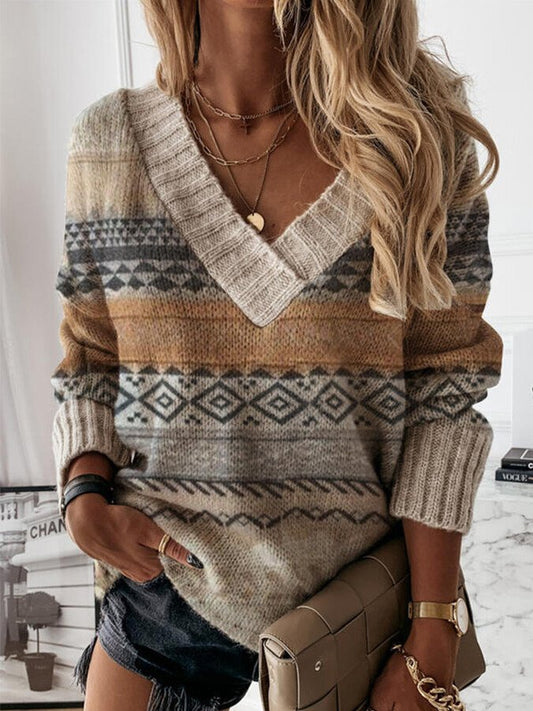 Women's ethnic geometric knitted V-neck sweater