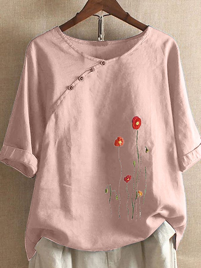 Twist-Button Vintage Print Top