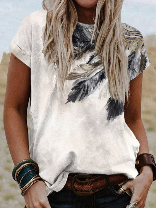 Western Feather Print Short Sleeve T-Shirt