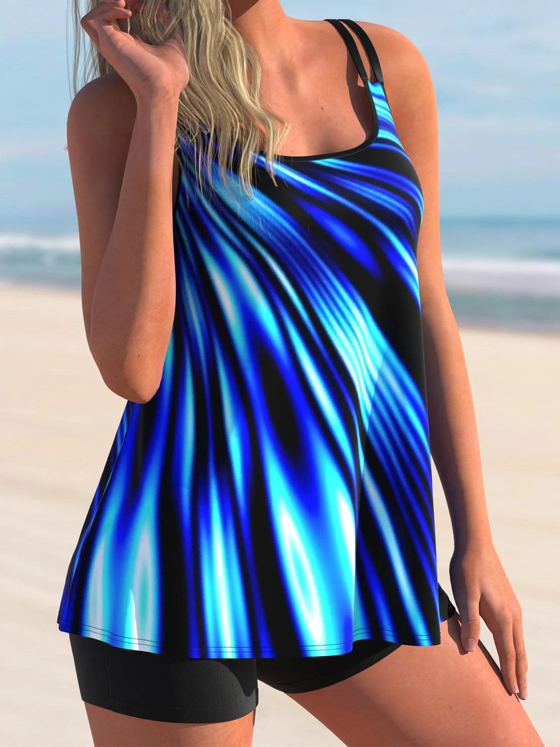 Blue Double Straps Printed Swimdress And Shorts