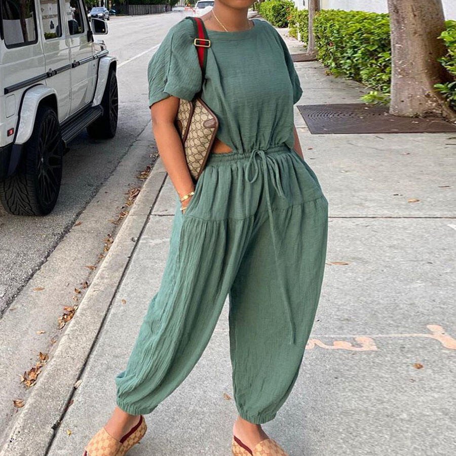 Solid Color Cotton Linen Tight Cotton Wide Leg Jumpsuit