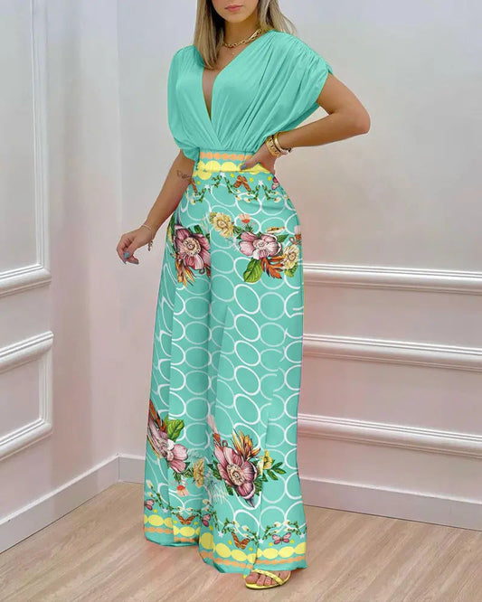 Batwing Sleeve Wrap Top & Floral Geo Print Wide Leg Pants Set