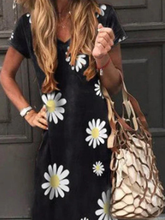 V-Neck Daisy Print Casual Dresses