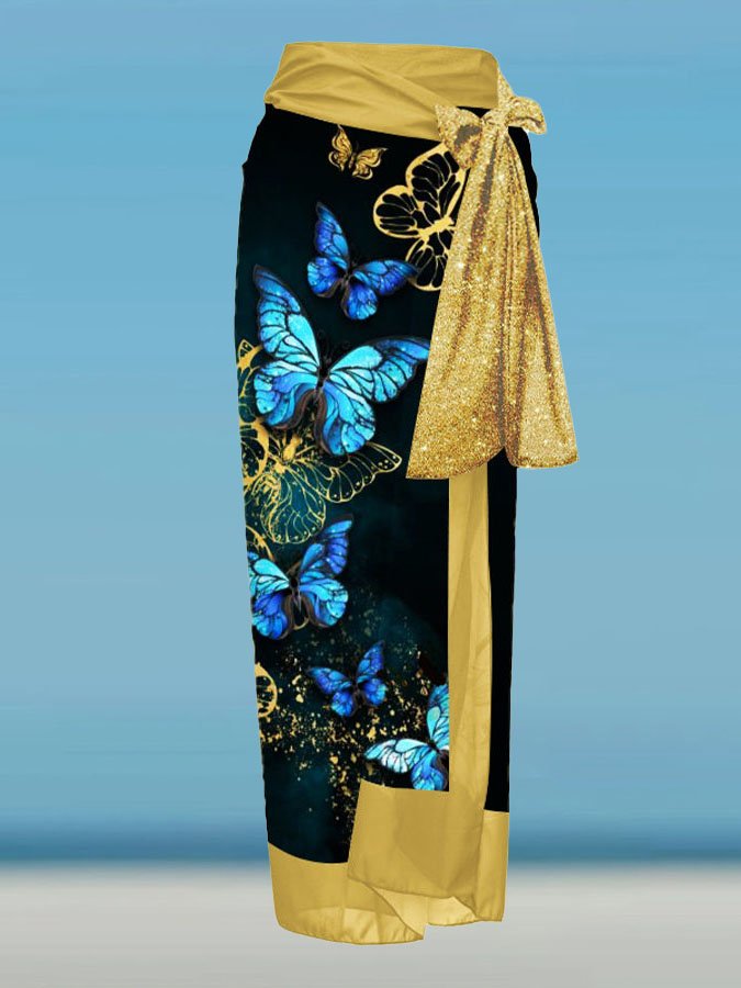 Vintage V-Neck Butterfly Colorblock Print One Piece Swimsuit Set