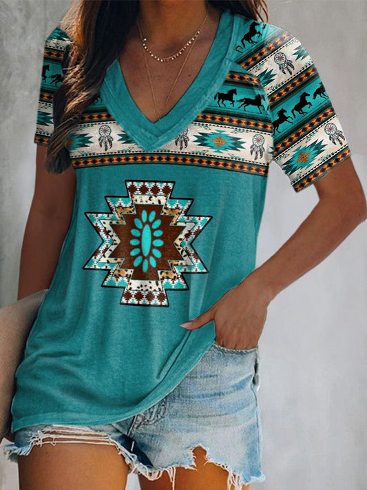 Western Vintage Print V-Neck T-Shirt