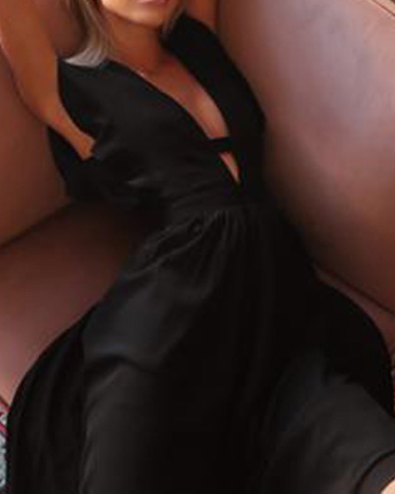 Solid Color Hollow Dress with Ruffles