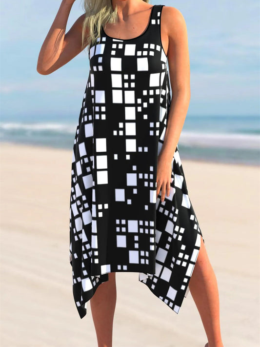 Color Block Geometric Print Asymmetric Hem Cover Up Dress