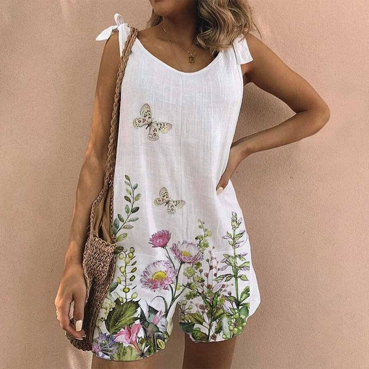 Women's Butterfly Floral Print Cotton Linen Jumpsuit