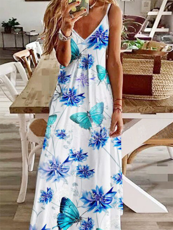 Butterfly Spaghetti Casual Maxi Dress