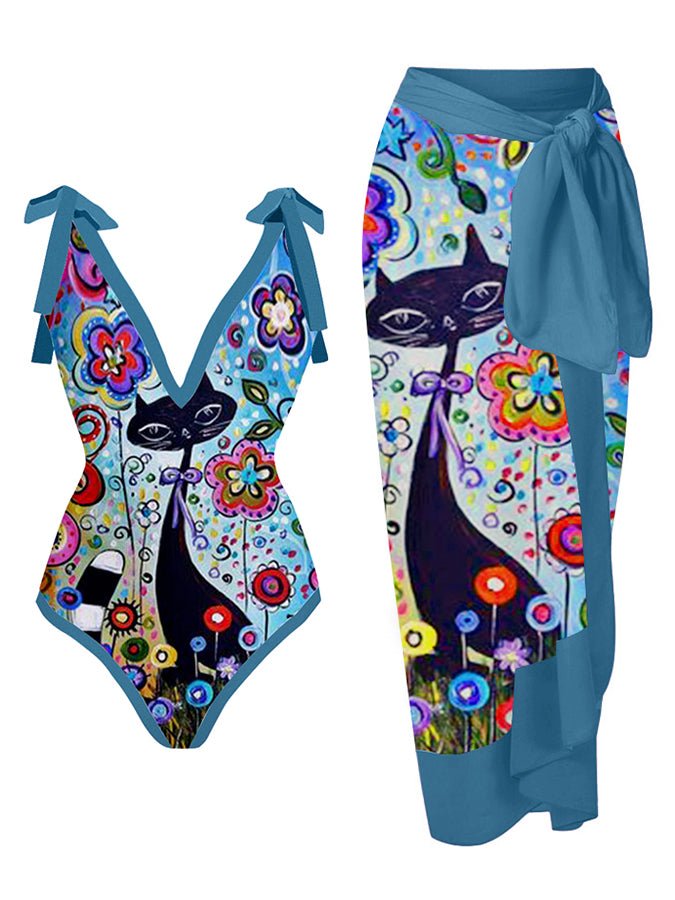 Fashion Cat Print V-Neck One-Piece Swimsuit Set