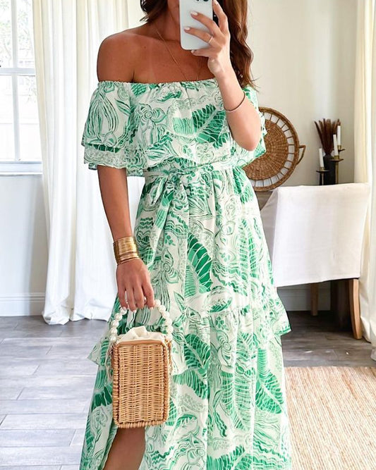 One-shoulder printed waist tie dress