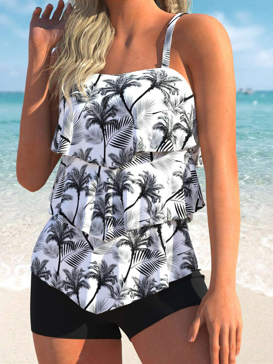 Coconut Print Layered Hem White Tankini Set